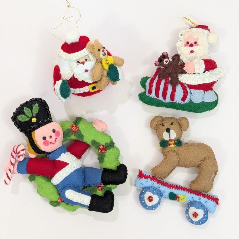 Vtg Bucilla Handmade Felt Sequin Santa Soldier Bear Toys Christmas Ornaments Lot